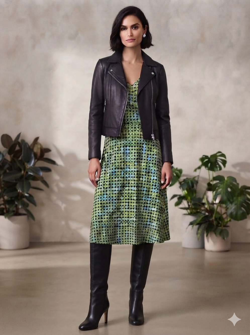 London Times Green Black Geometric Retro Faux Wrap Fit and Flare Dress, Size 12P
